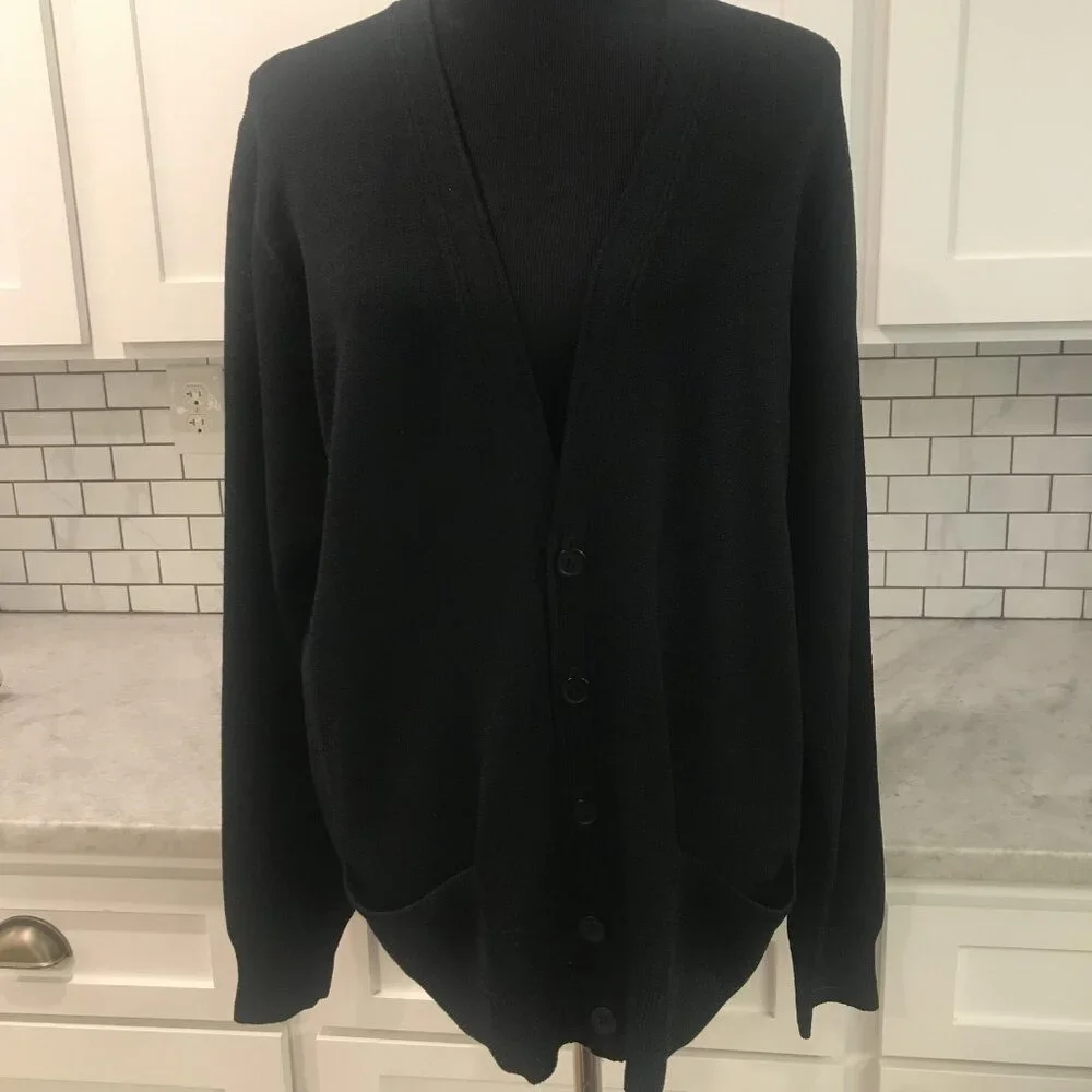 St. John Cardigan Sweater Womens XL Black Button Front V Neck Knit Pockets Long